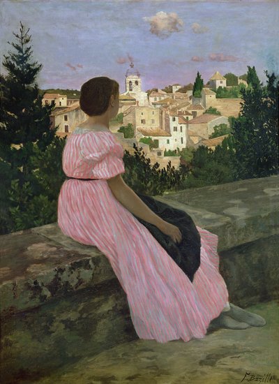 Das rosa Kleid, oder Blick auf Castelnau-le-Lez, Herault, 1864 von Jean Frederic Bazille