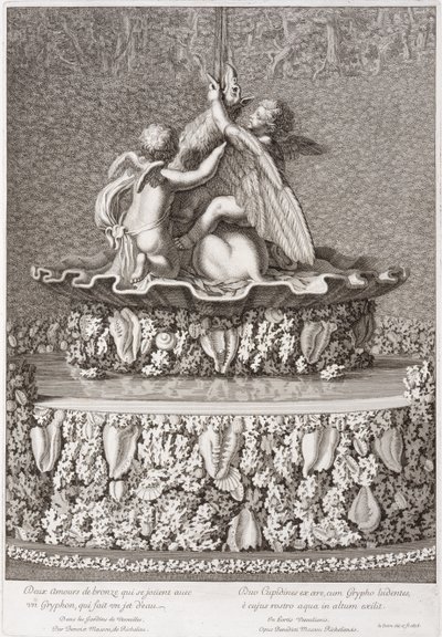Brunnen mit zwei Amoren, die mit einem Greif spielen, von Benoit Massou, in Versailles, 1676 von Jean Lepautre