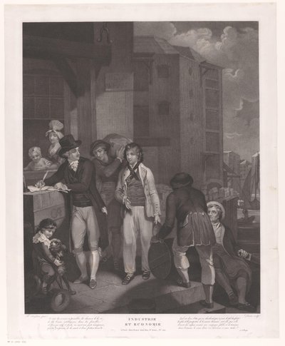Gruppe von Figuren vor einem Lagerhaus in einem Hafen von Jean Louis Darcis