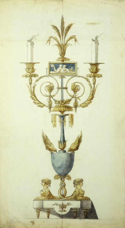 Entwurf für einen vergoldeten Bronze- und Emaille-Kandelaber von Jean Louis the Younger Prieur