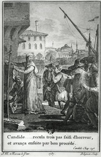 Candide... trat drei Schritte zurück, ergriffen von Schrecken, und trat dann wieder vor, Illustration aus Kapitel 29 von Candide von François Voltaire (1694-1778), graviert von Jean Louis Delignon (1755-1804) 1787 von Jean Michel the Younger Moreau