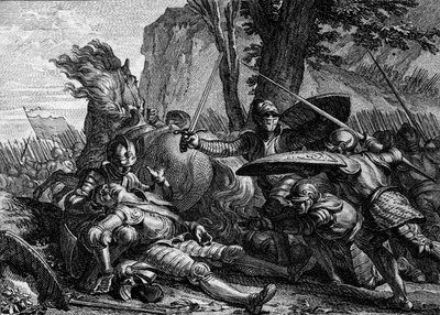 Roland starb während der Schlacht von Roncesvaux zwischen der Armee Karls des Großen und der der Sarazenen. 778. Gravur von Jean Michel Moreau, genannt Moreau le Jeune (1741-1814) von Jean Michel the Younger Moreau
