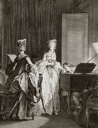 Saint Preux und Claire am Cembalo in „Julie ou la nouvelle Héloïse“ von dem Schweizer Philosophen Jean Jacques (Jean-Jacques) Rousseau (1712-1778) - Gravur von Moreau le jeune, Jean Michel (1741-1814) von Jean Michel the Younger Moreau