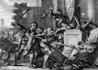 Krieg gegen die Sachsen, 772: Zerstörung des Tempels und Götzenbildes von Irmensul, der heidnischen Gottheit der Sachsen, durch die Armee Karls des Großen. Ehresburg, Deutschland. Gravur von Jean Michel Moreau, genannt Moreau le Jeune (1741-1814) von Jean Michel the Younger Moreau