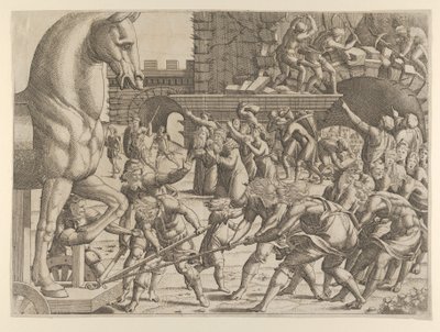 Die Trojaner bringen das hölzerne Pferd in ihre Stadt, 1535-55 von Jean Mignon