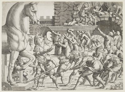 Die Trojaner bringen das hölzerne Pferd in ihre Stadt von Jean Mignon