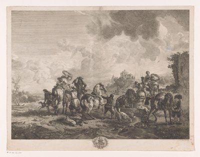 Rastende Jagdgesellschaft bei einem Brunnen (La Fontaine de Venus, Prenten naar schilderijen door Philips Wouwerman, Oeuvres de Ph.pe Wouwermans Hollandois) von Jean Moyreau