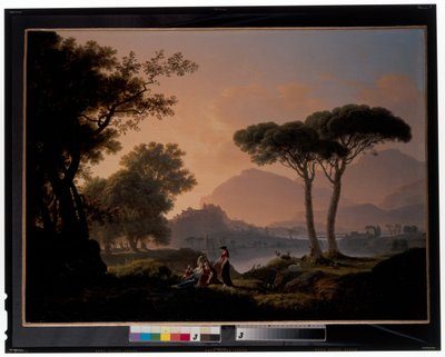 Morgen und Abend: Eine klassische Landschaft mit Hirten und Nymphen an einem See, ein Schloss auf einem Hügel im Hintergrund von Jean Pierre Pequignot