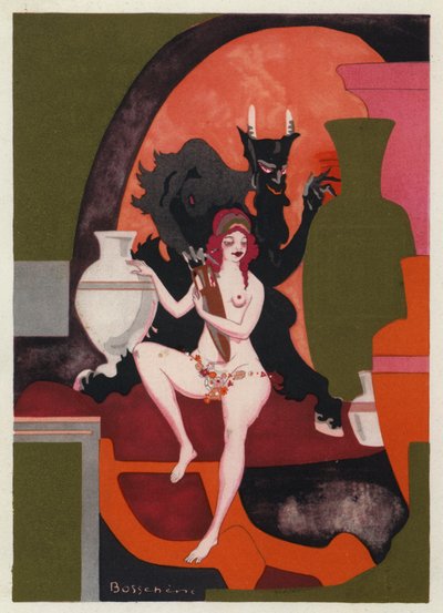 Die Liebesbücher von Ovid: Liebe, mit geröteten Wangen, hält in ihren zarten Armen die Amphore des Bacchus von Jean de Bosschere