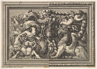 Entwurf für ein Paneel mit zwei Varianten, die ein Hippokamp und einen Greif enthalten, aus: Ornements von Jean le Pautre