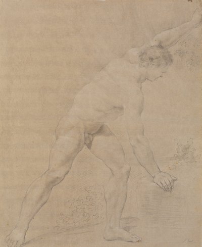 Modell stehend, nach rechts gewandt, linker Arm erhoben, rechter gesenkt und an einen Felsen gelehnt von Jens Juel