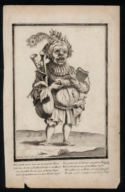Mann mit Dudelsack und Pfauenfederkopfschmuck, surrealistischer Kostümdruck, ca. 1700 von Jeremias Wolff