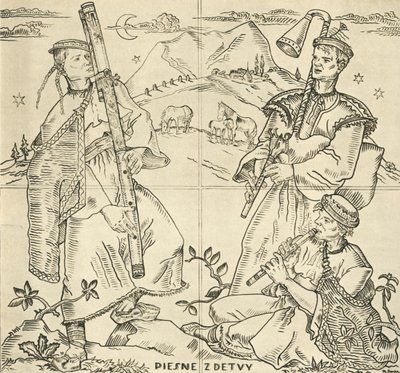 Slowakische Fuyara, Dudelsack und Pfeife. Skizze für Sgraffito-Arbeiten an der Brücke in Piešťany von Joža Uprka