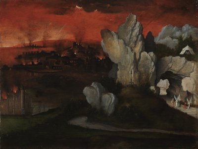 Landschaft mit der Zerstörung von Sodom und Gomorra, ca. 1520 von Joachim Patinir