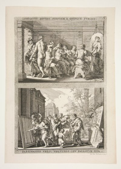 obere Hälfte: COMPOSIT ZEUXES IUNONEM E QUINQUE PUELLIS untere Hälfte: PARRHASIUS VELO, VOLVCRIS CEV FALLITOR VUA von Joachim von Sandrart