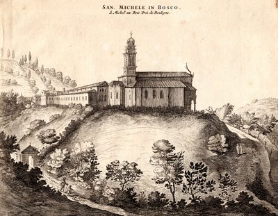 Ansicht des San Michele in Bosco Klosters, Bologna, Emilia-Romagna, Italien, Kupferstich, ca. 21x29 cm von Joan Blaeu
