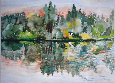 Der See bei Sonnenuntergang, Bremes les Ardres, 2000 von Joan Thewsey
