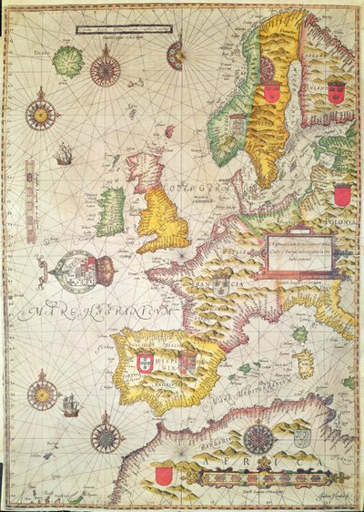 Eine allgemeine Karte und Beschreibung der Seeküsten Europas und der Navigation in diesem Buch enthalten (handkolorierter Stich) von Jodocus Hondius
