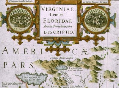 Titelkartusche und Einsätze, Detail der Karte von North Carolina mit dem Titel Virginiae item et Floridae, aus dem Mercator-Atlas von 1606, veröffentlicht von Jodocus Hondius, 1619 von Jodocus Hondius