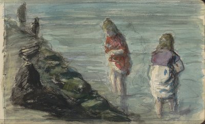 Frau mit zwei Kindern am Wasser von Johan Antonie de Jonge