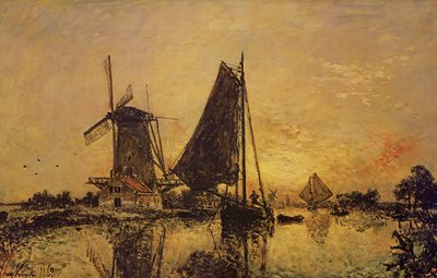 In Holland, Boote in der Nähe einer Windmühle, 1868 von Johan Barthold Jongkind