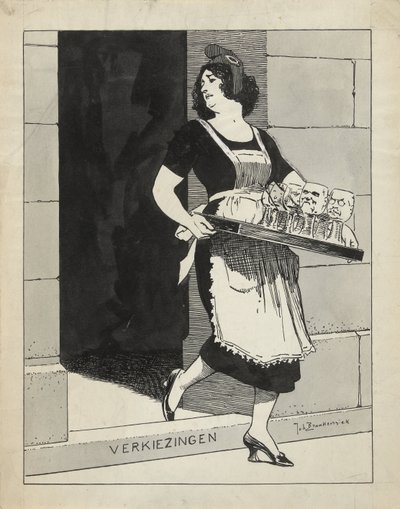 Entwurf für eine Illustration in De Amsterdammer: Die niederländische Jungfrau als Dienstmädchen mit einem Tablett Gläser stolpert über die Stufe Wahlen (17. Mai 1924) von Johan Braakensiek