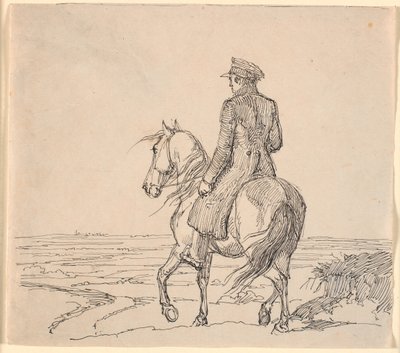 Ein Reiter schräg von hinten gesehen, reitend in eine weite Landschaft von Johan Thomas Lundbye