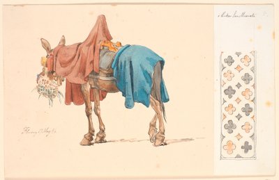 Ein Maultier beim Fressen seines Grünfutters. Rechts auf aufgeklebt Papier eine dekorative Bordüre von Johan Thomas Lundbye