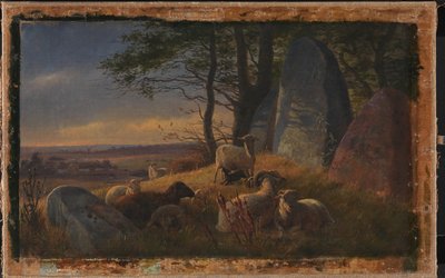 Abendszene mit Schafen auf einem Hügel von Johan Thomas Lundbye