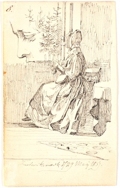 Strickende Dame (Lundbyes Mutter?) am Fenster mit Blick auf Tannenbäume, sowie Profilstudie von Johan Thomas Lundbye