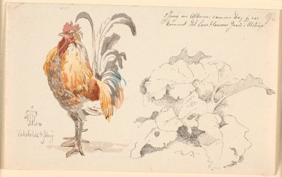 Studienblatt mit einem Hahn und einer Ampferpflanze von Johan Thomas Lundbye