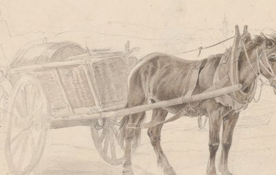 Ein von einem braunen Pferd gezogener Wagen in der Nähe eines Laternenpfahls, Verso: Eine Gruppe berittener Offiziere von Johann Adam Klein