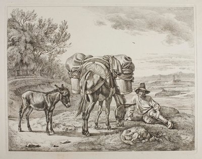 Beladener Maultier mit ruhendem Fahrer von Johann Adam Klein