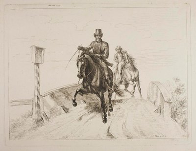 Zwei Reiter im Galopp auf einer Brücke von Johann Adam Klein