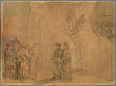 Dante trifft Manfred, den ehemaligen König von Apulien und Sizilien, an einer Felswand, der sich ihm zu erkennen gibt und Verschiedenes mitteilt; oben auf dem Felsen sehen sie die kirchlich Verbannten Buße tun von Johann Anton Ramboux