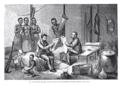 Dr. David Livingstone (1813-73) und Mr. Henry Morton Stanley (1841-1904) erhalten Zeitungen in Zentralafrika, graviert von Pearson von Johann Baptist Zweecker