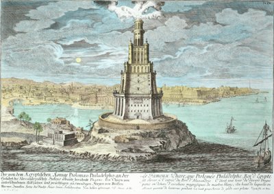 Leuchtturm von Alexandria, erbaut von Ptolemaios dem Großen (36-nach 30 v. Chr.), Ägypten, aus Entwurf einer historischen Architektur, graviert von Johann Adam Delsenbach (1687-1765) 1721 von Johann Bernhard Fischer von Erlach