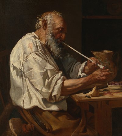 Alter Bauer, der eine Pfeife anzündet von Johann Carl Loth