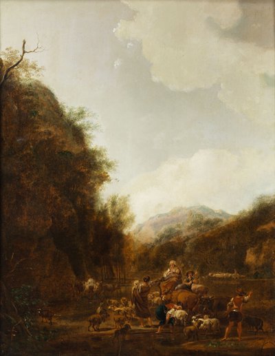 Gebirgslandschaft mit Hirten und Vieh am Tränketrog von Johann Christian Klengel