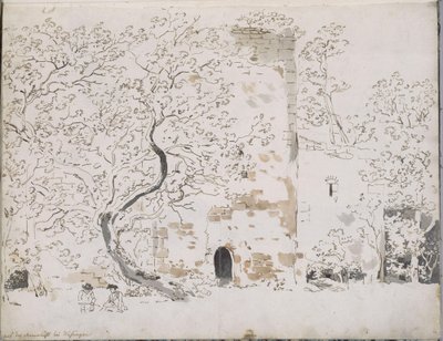 Zwei Zeichner vor einer Burg hinter Bäumen: auf der Maienlust bei Wasungen von Johann Christian Reinhart