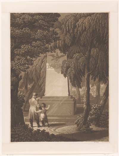 Mann mit einem Kind vor einem Denkmal für einen gefallenen Offizier von Johann Friedrich Frick