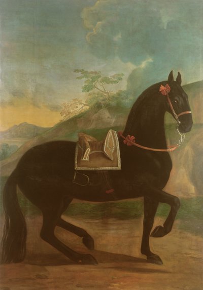 Ein schwarzes Pferd mit spanischem Sattel von Johann Georg Hamilton