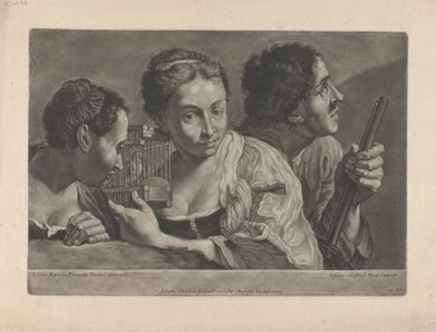 Zwei Frauen, die einem Vogel zuhören, mit einem Mann, der eine Waffe hält von Johann Gottfried Haid