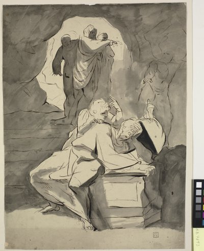 Ein Mann in Verzweiflung über einem Grabstein in einer Höhle mit anderen Figuren von Johann Heinrich Füssli