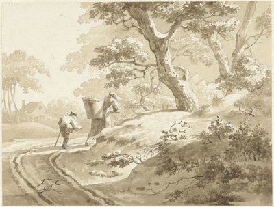 Landschaft mit Frau und Junge auf einem Landweg von Johann Heinrich Keller (II) (possibly)