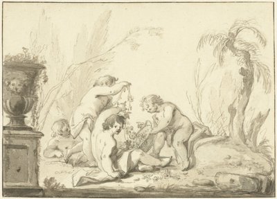 Allegorische Darstellung mit Kindern mit einem Korb voller Blumen von Johann Heinrich Keller (II)