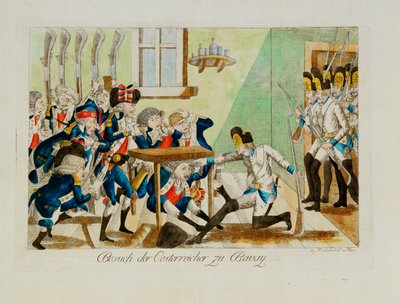 Österreichische Soldaten überraschen ein französisches Detachement in seinen Quartieren in Bavai von Johann Hieronymus Loeschenkohl