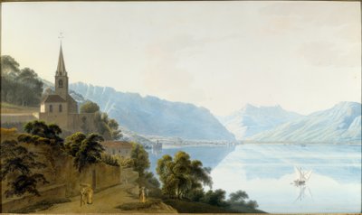 Die Kirche von Les Planches, Chillon, Villeneuve und die Dents du Midi von Johann Jakob Wetzel