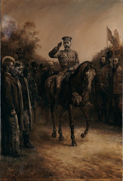 General Lord Kitchener grüßt beim Vorbeireiten an Burenführern, die ihre Hüte abnehmen, 1902 von Johann Nepomuk Schonberg