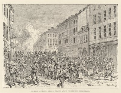 Die Unruhen in Wien, Husaren jagen den Mob in der Lerchenfelder Straße von Johann Nepomuk Schonberg